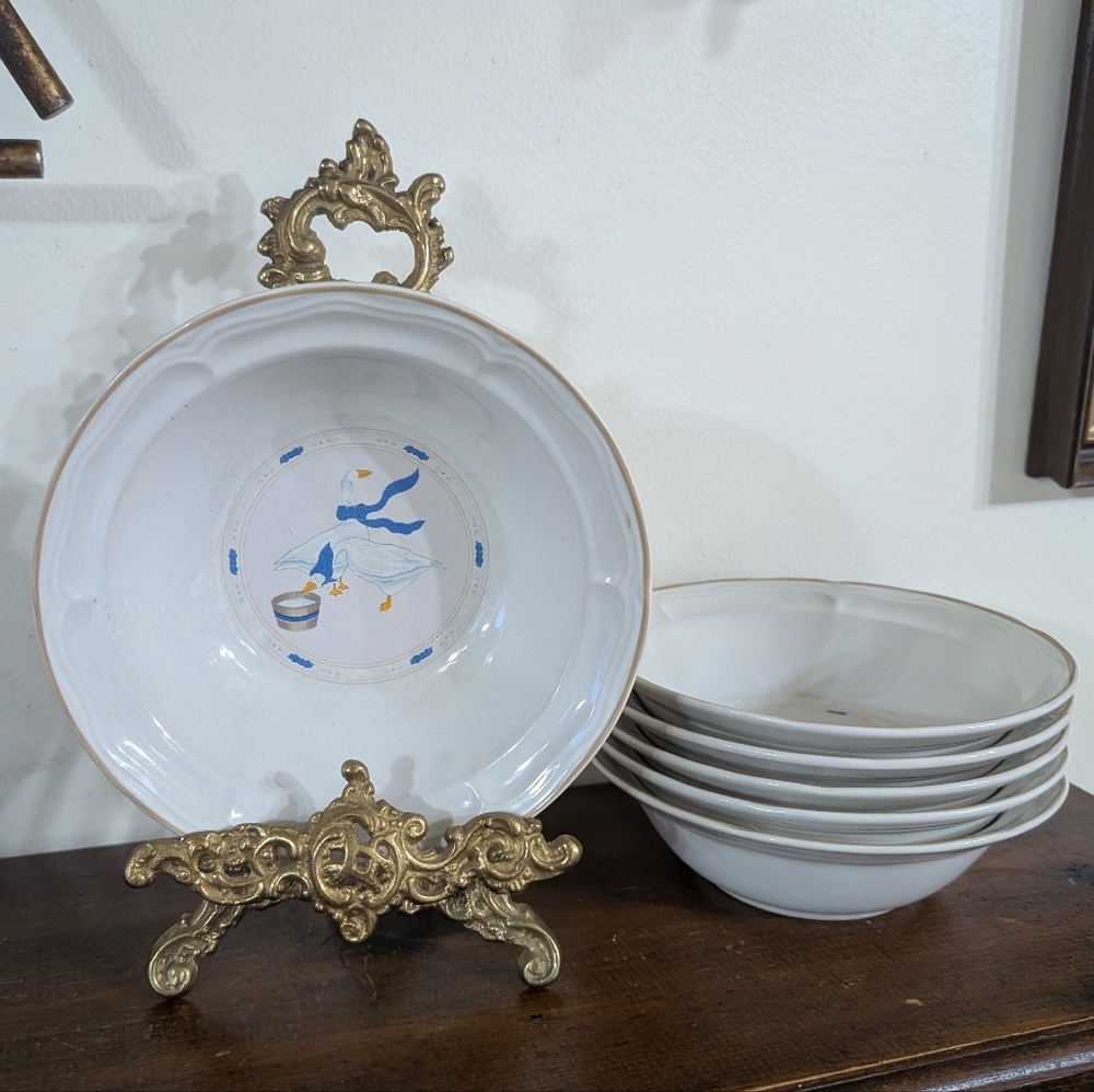 Vintage 1987 Newcor Stoneware Countryside Geese Cereal Soup Bowls Set of 6 Farm